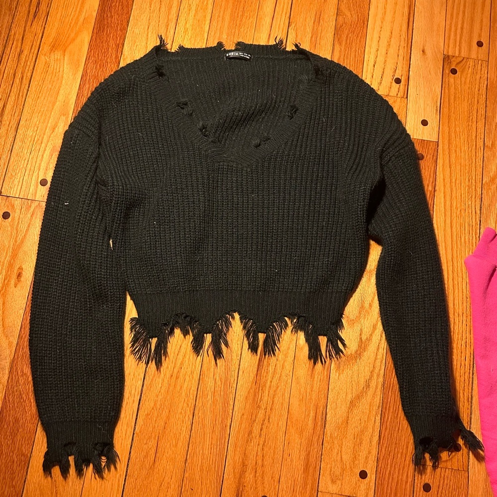 SHEIN Black Distressed Sweater